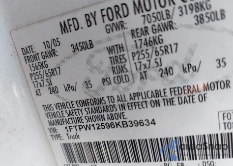 2006 Ford F-150 Lariat/Xlt z USA, uszkodzony, nr VIN 1FTPW12596KB39634